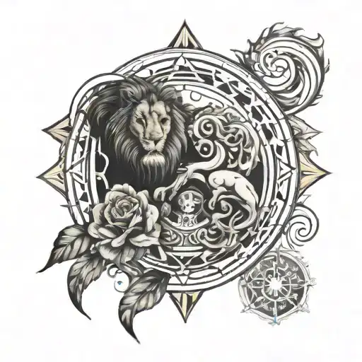 A unique fusion tattoo design combining elements of the Leo and Virgo star signs, symbolizing the duality of your personality as a stay at home dad tattoo design idea