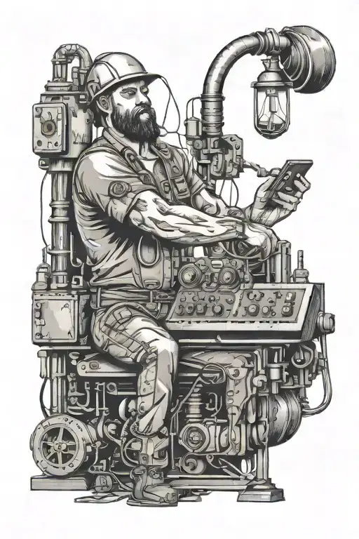 A black-grey tattoo featuring an electrician working on power plant machinery, with subtle hints of music notes in the background tattoo design idea