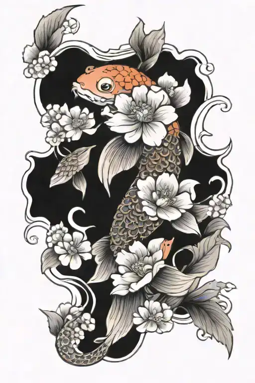 japanese koi fish with flowers tattoo design idea