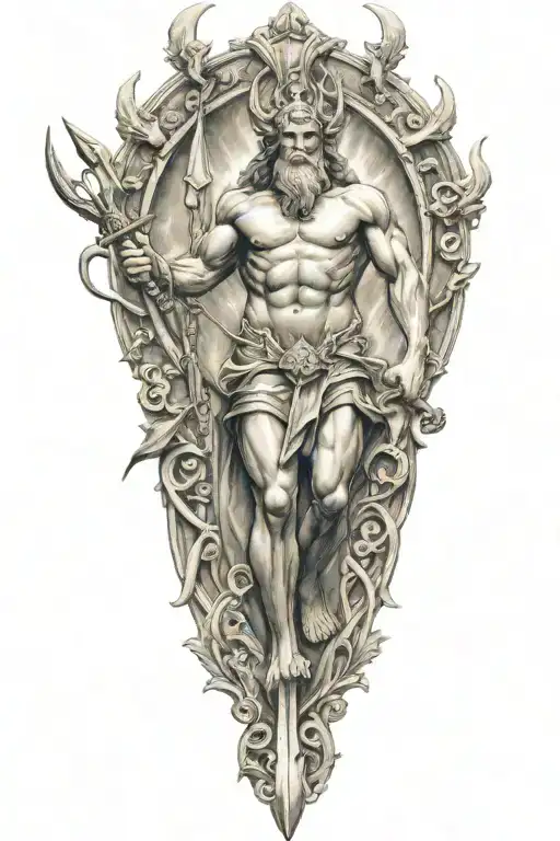 Poseidon holding a trident emerging tattoo design idea