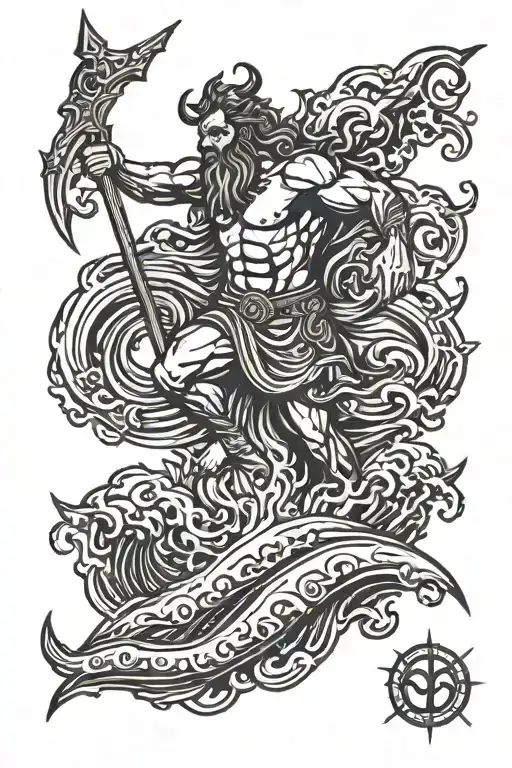 Poseidon holding a trident riding wave crashing tattoo design idea