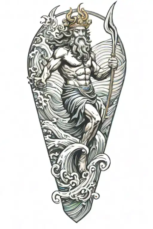 Poseidon holding a trident riding wave crashing tattoo design idea