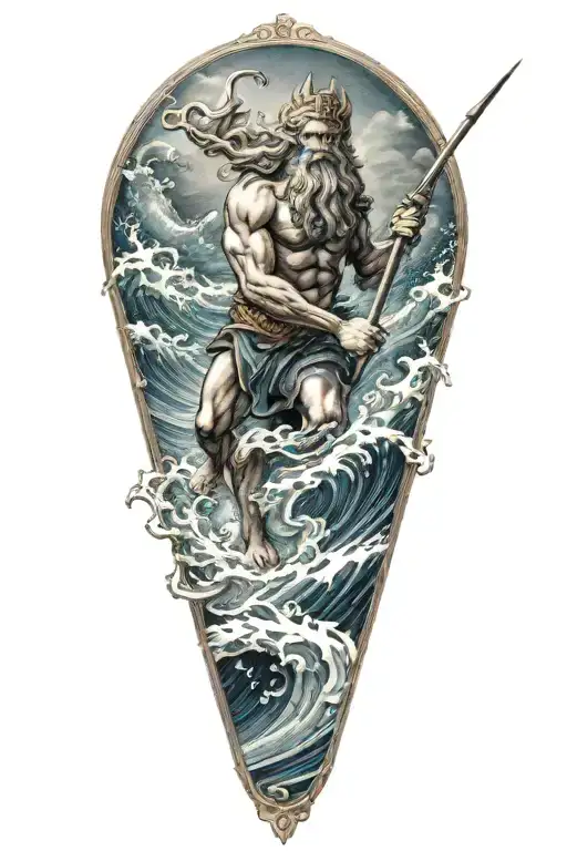 Poseidon holding a trident riding wave crashing tattoo design idea