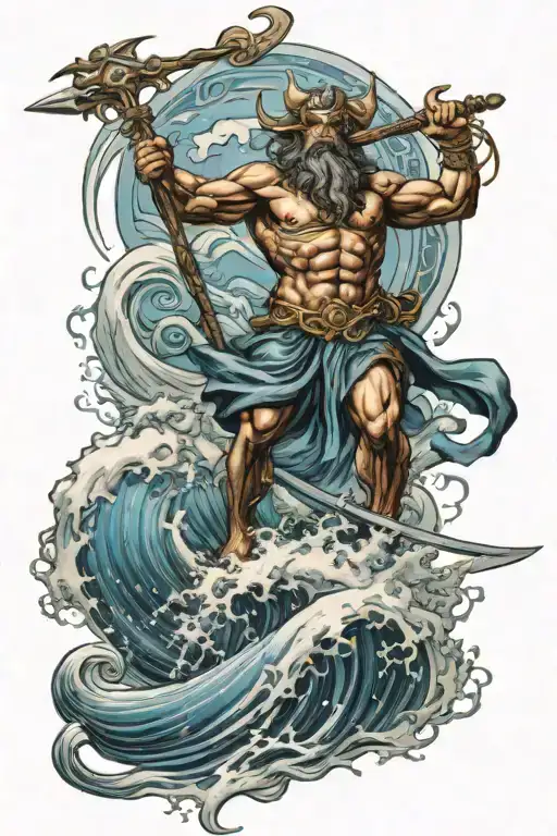Poseidon holding a trident riding wave crashing tattoo design idea