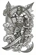 Poseidon holding a trident riding wave crashing tattoo design idea