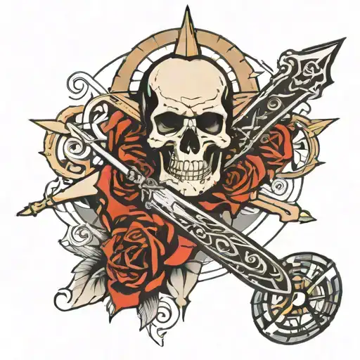 skull and knife and compass rose with intricate details tattoo design idea