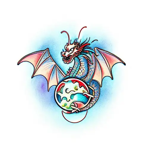Dragon holding an orb that has a butterfly in it tattoo design idea