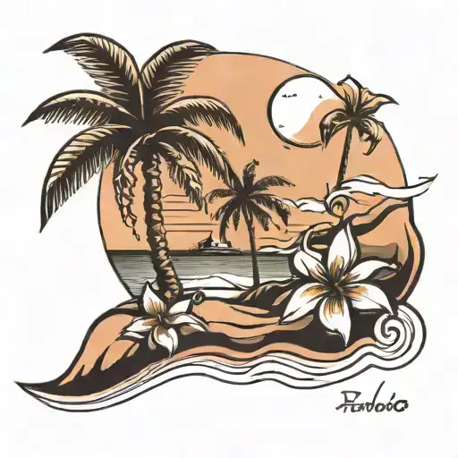 minimalist style tattoo of a small island with one Frangipani flower under a first quarter moon phase  tattoo design idea