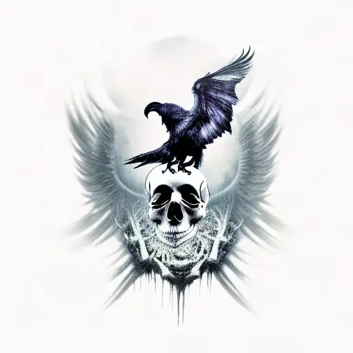 darkness, dark art ai, Gothic aesthetic, skull with ravens realistic looking, full back tattoo, creepy, scary skull,  tattoo design idea