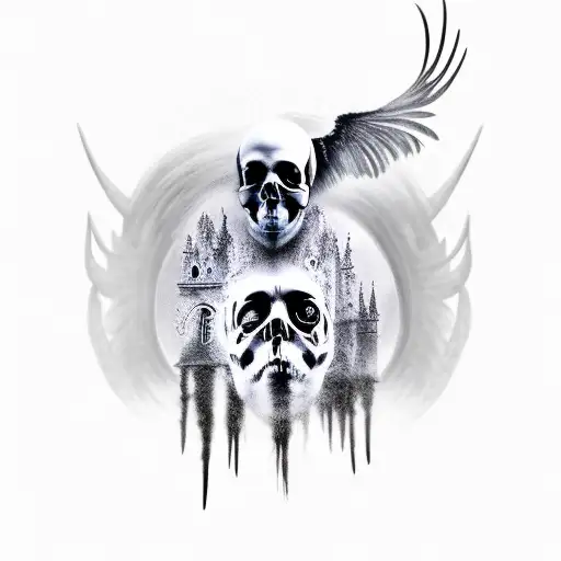 darkness, dark art ai, Gothic aesthetic, skull with ravens realistic looking, full back tattoo, creepy, scary skull,  tattoo design idea