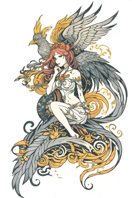 phoenix and night goddess tattoo design idea