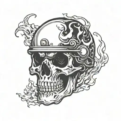 A skull wearing a motorcycle helmet with flames in the background tattoo design idea