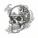 A skull wearing a motorcycle helmet with flames in the background tattoo design idea