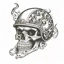 A skull wearing a motorcycle helmet with flames in the background tattoo design idea