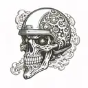 A skull wearing a motorcycle helmet with flames in the background tattoo design idea
