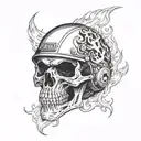 A skull wearing a motorcycle helmet with flames in the background tattoo design idea