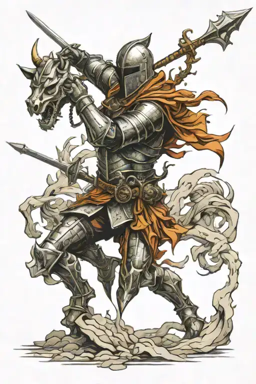 Overthinking knight fighting demons tattoo design idea