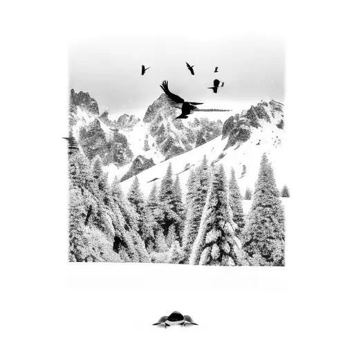 A mesmerizing black-grey tattoo of a serene snowy mountain landscape with a flock of birds flying overhead tattoo design idea