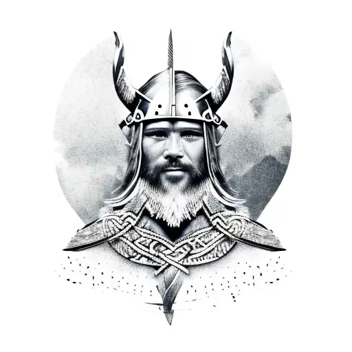A realistic viking warrior with intricate bird feathers as armor, surrounded by a lush nature background tattoo design idea