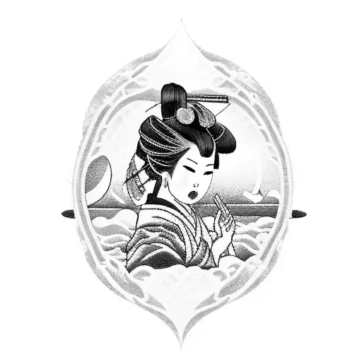 A stunning blackwork tattoo of a traditional Japanese geisha playing a guitar on a sandy beach tattoo design idea