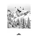 A mesmerizing black-grey tattoo of a serene snowy mountain landscape with a flock of birds flying overhead tattoo design idea