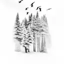 A mesmerizing black-grey tattoo of a serene snowy mountain landscape with a flock of birds flying overhead tattoo design idea