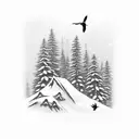 A mesmerizing black-grey tattoo of a serene snowy mountain landscape with a flock of birds flying overhead tattoo design idea