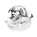 A realistic viking warrior with intricate bird feathers as armor, surrounded by a lush nature background tattoo design idea