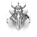 A realistic viking warrior with intricate bird feathers as armor, surrounded by a lush nature background tattoo design idea
