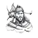 A realistic viking warrior with intricate bird feathers as armor, surrounded by a lush nature background tattoo design idea