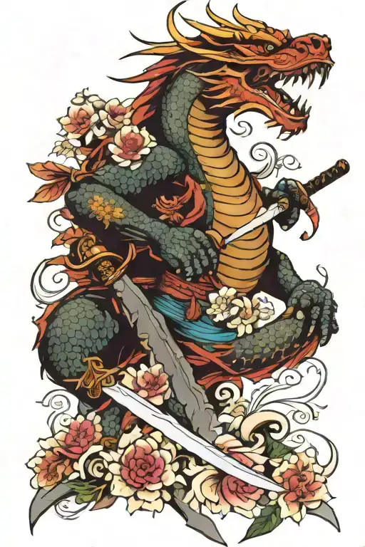 Japan Samurai Dragon Flower Sword tattoo design idea