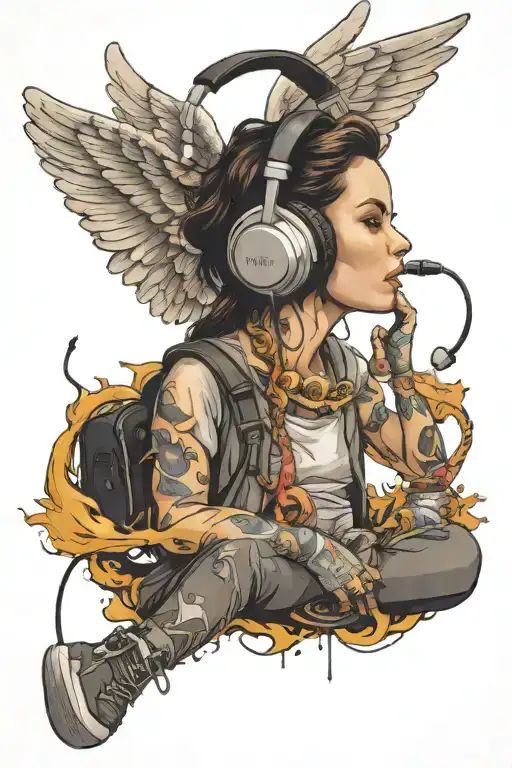 A detailed tattoo of a fallen angel with headphones on, listening to music while daydreaming, showcasing the client's favorite things and hobbies combined tattoo design idea