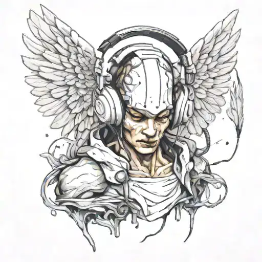 inspired by the fallen angel of diablo video game. A fallen angel with white wings wearing headset. tattoo design idea