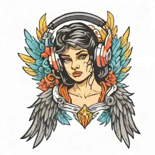 fallen angel with colorful wings wearing headset tattoo design idea