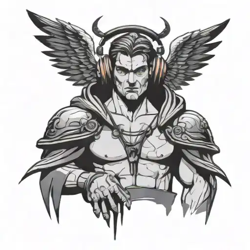fallen angel from diablo game, he looks calm and wearing a headset. minimalist tattoo design idea