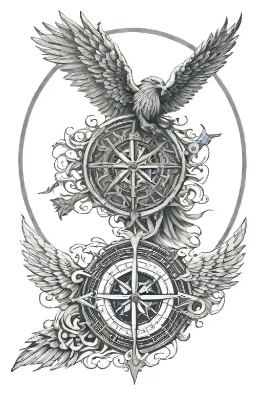clearly recognizable Vegvisir indicated, realistic sea waves in the background, Valkyrie wings only wings with Odin's tattoo design idea