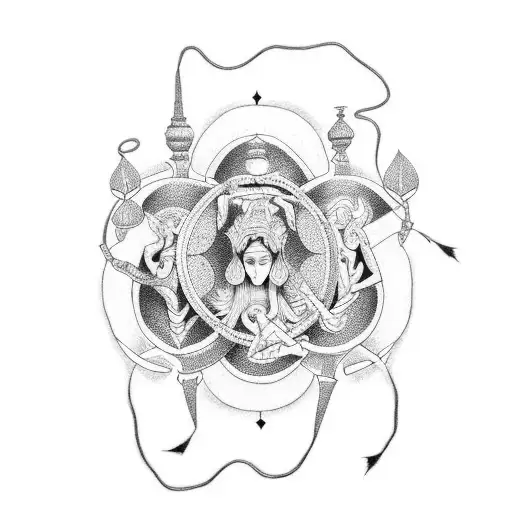 A dotwork tattoo of the three fates spinning the thread of life, with intricate details and patterns inspired by greek mythology tattoo design idea