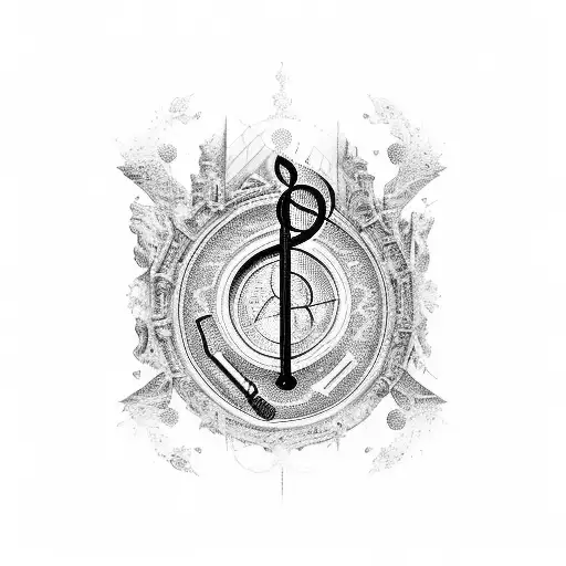 A gothic cathedral with musical notes floating in the air tattoo design idea