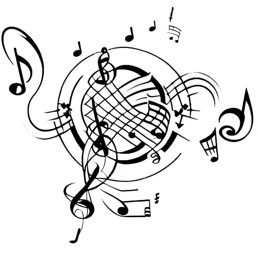 A gothic cathedral with musical notes floating in the air tattoo design idea