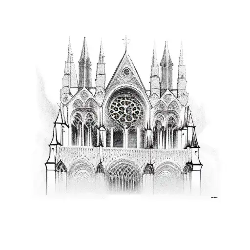 A gothic cathedral with musical notes floating in the air tattoo design idea