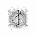 A gothic cathedral with musical notes floating in the air tattoo design idea