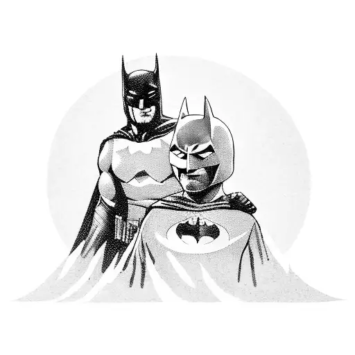 Father dressed as batman and handed down batman mask holding young son's hand as they walk tattoo design idea