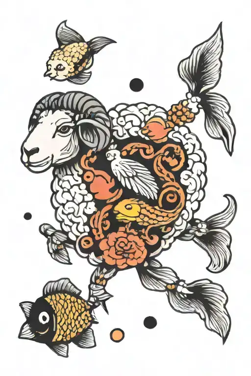 sheep and fish black tattoo design idea