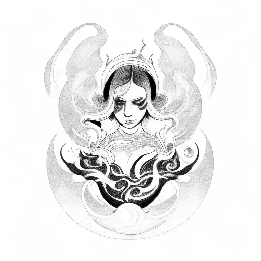 A seductive and mystical depiction of Lilith surrounded by swirling smoke and flames tattoo design idea