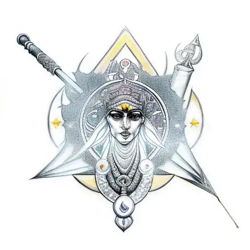 A powerful and regal tattoo of Isis holding a staff of power and surrounded by celestial symbols tattoo design idea