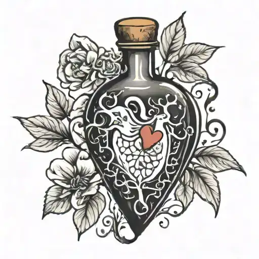 I want a little bottle with a real heart inside, and the heart has a quote that says "14643" and is connected to the bottle. tattoo design idea