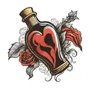 I want a little bottle with a real heart inside, and the heart has a quote that says "14643" and is connected to the bottle. tattoo design idea