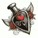 I want a little bottle with a real heart inside, and the heart has a quote that says "14643" and is connected to the bottle. tattoo design idea