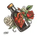 I want a little bottle with a real heart inside, and the heart has a quote that says "14643" and is connected to the bottle. tattoo design idea