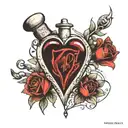 I want a little bottle with a real heart inside, and the heart has a quote that says "14643" and is connected to the bottle. tattoo design idea